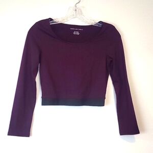 AMERICAN EAGLE Red/Black Stripe Scoop Neck Elastic Hem Long Sleeve Crop Top